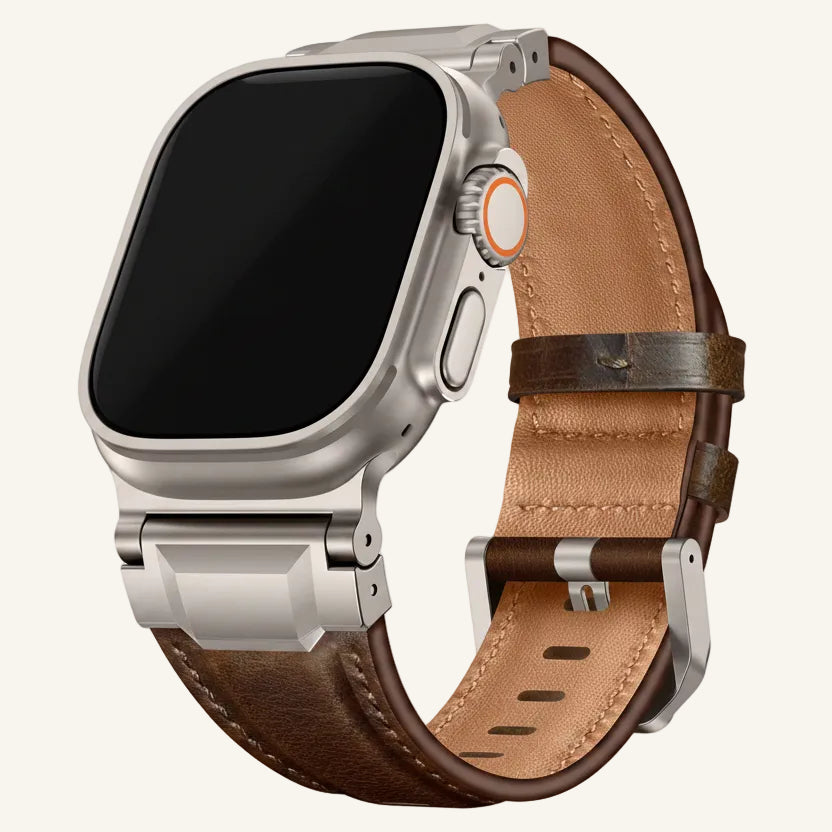 Bracelet Apple Watch cuir armure cadre métal détail