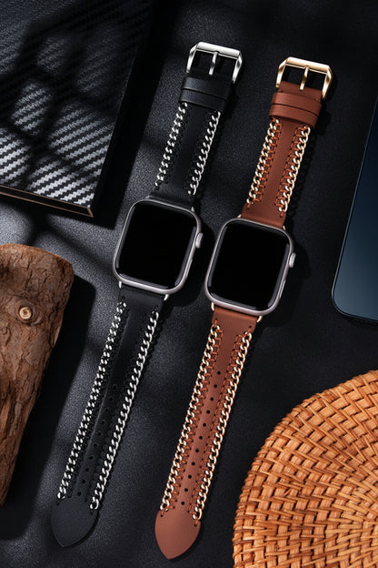Bracelet Apple Watch cuir cousu main et chaîne femme — La Parisienne