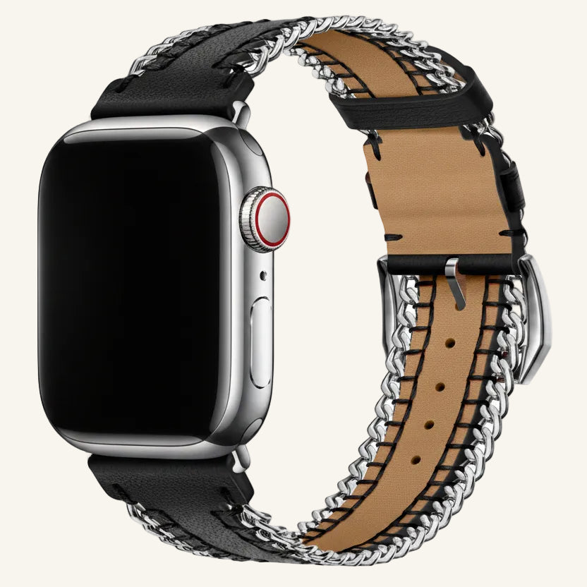 Gros plan couture main et chaîne du bracelet Apple Watch cuir