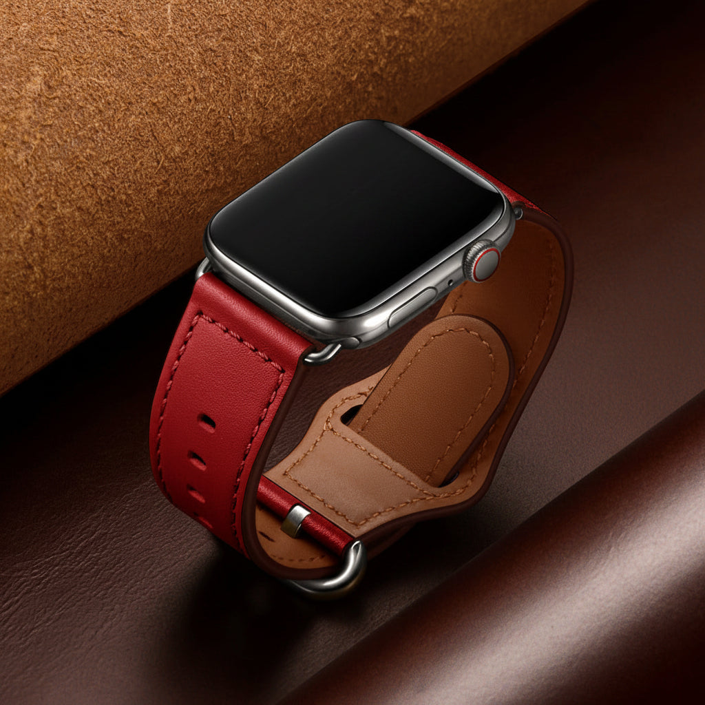 Gros plan sur la finition crazy horse patinée du bracelet Apple Watch cuir