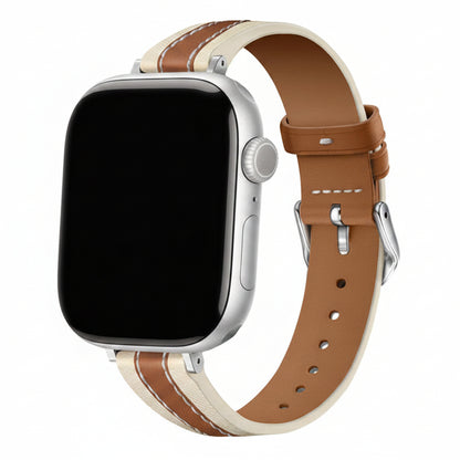 Gros plan sur le grain gravé 3D et la surpiqûre du bracelet Apple Watch cuir