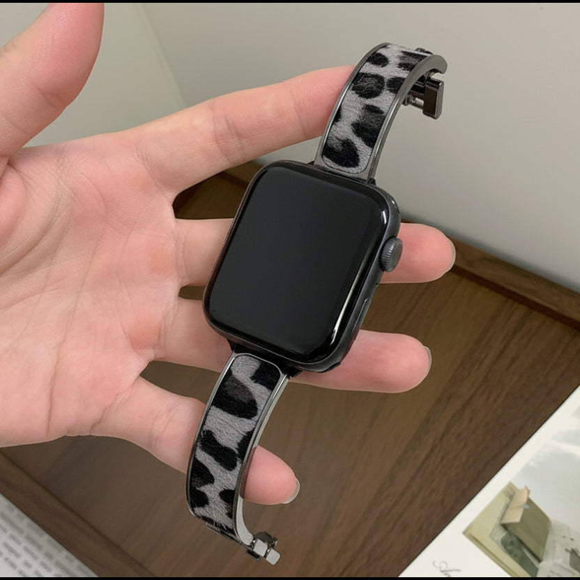 Bracelet Apple Watch cuir léopard brun doré