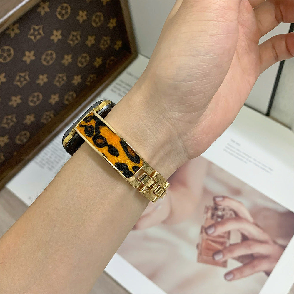 Bracelet Apple Watch cuir léopard or et blanc