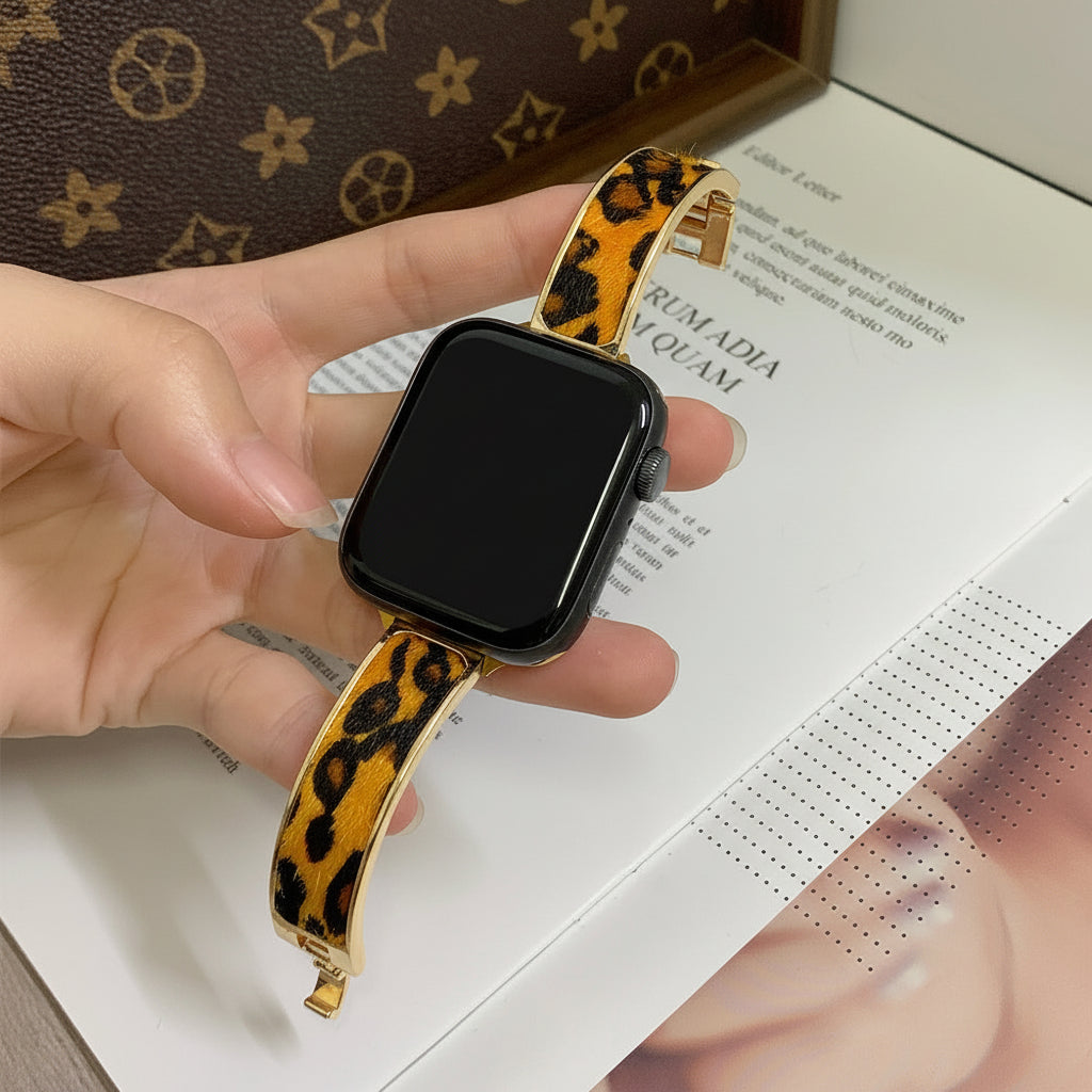 Pièce courbée métal du bracelet Apple Watch cuir léopard
