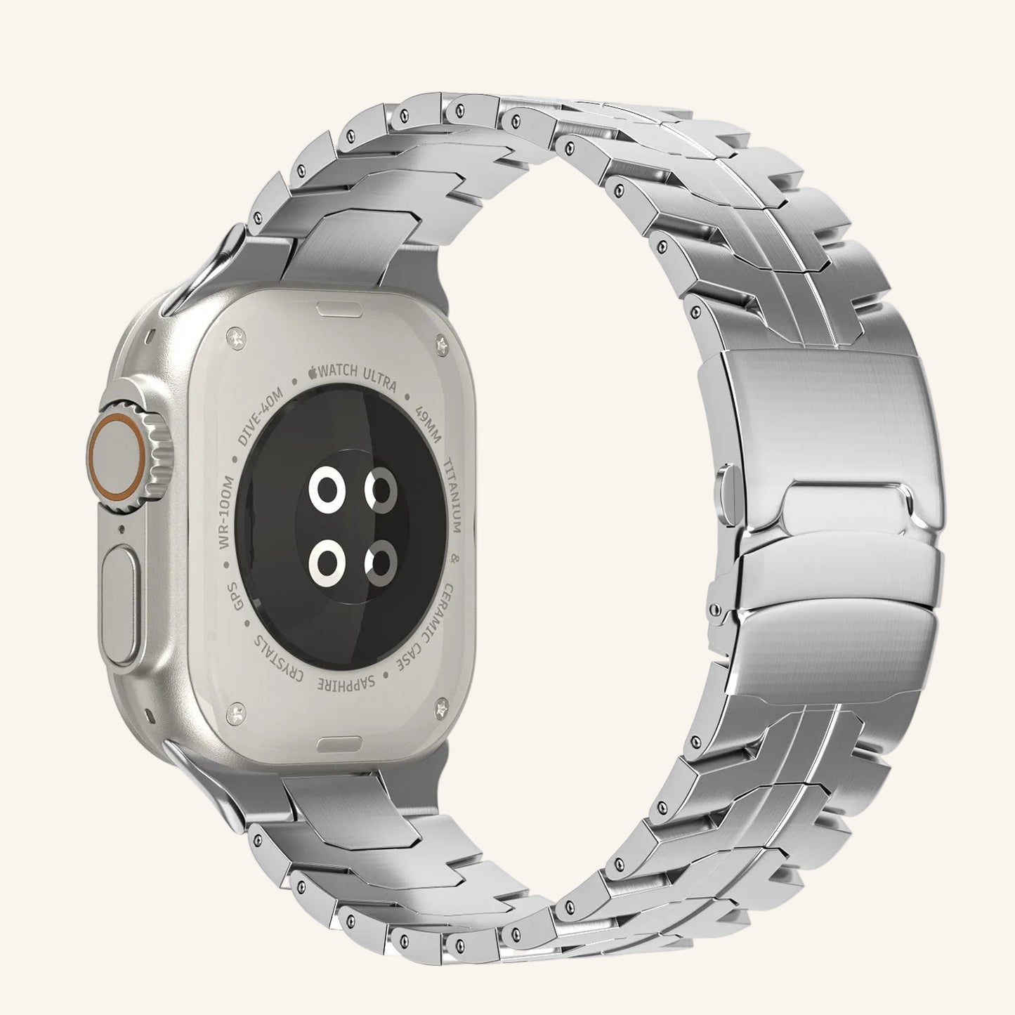 Bracelet Apple Watch — finitions argent, noir, gris titane et orange