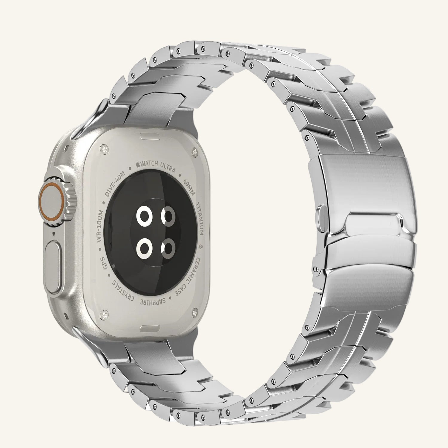 Bracelet Apple Watch — finitions argent, noir, gris titane et orange