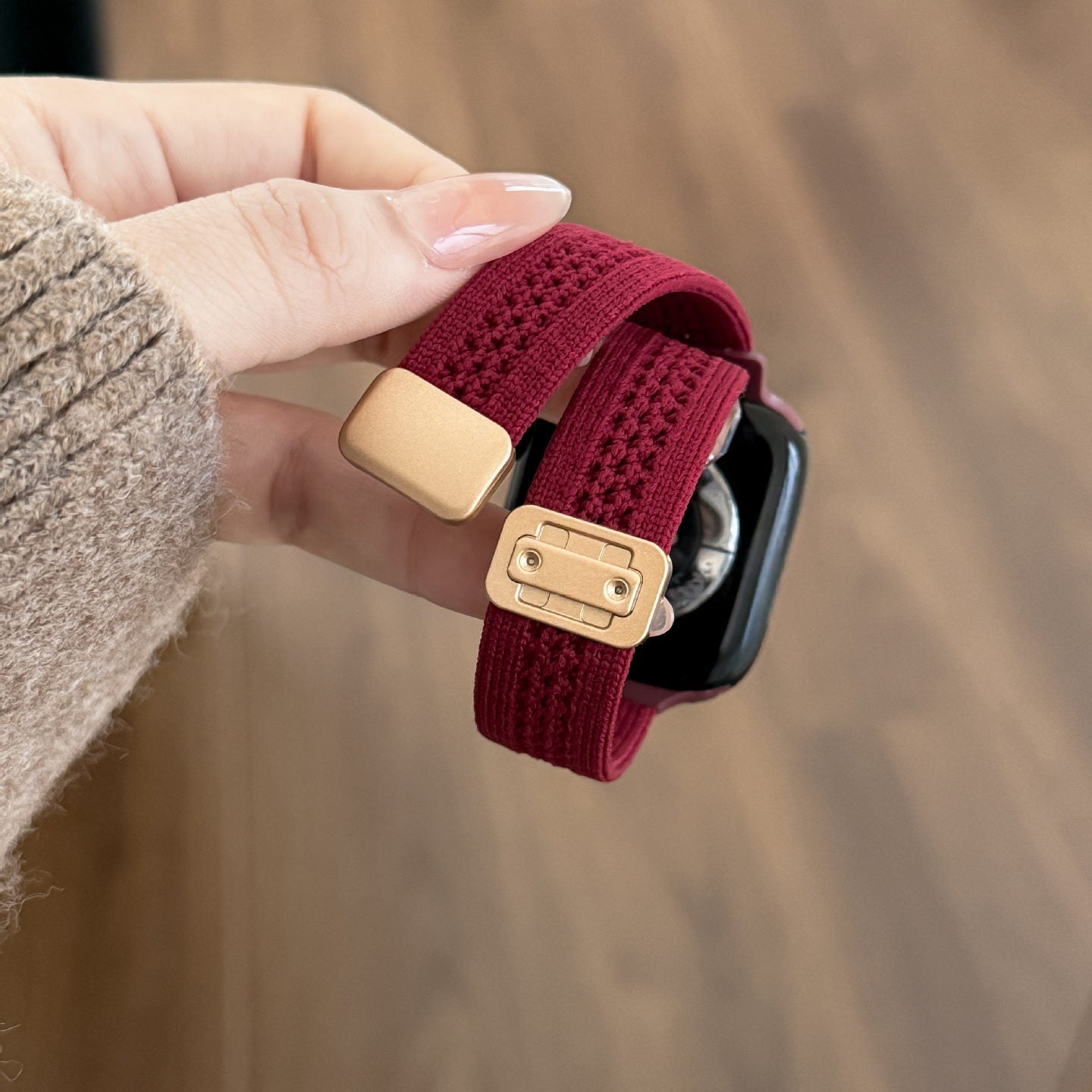 Bracelet Apple Watch nylon tissé vin rouge boucle magnétique