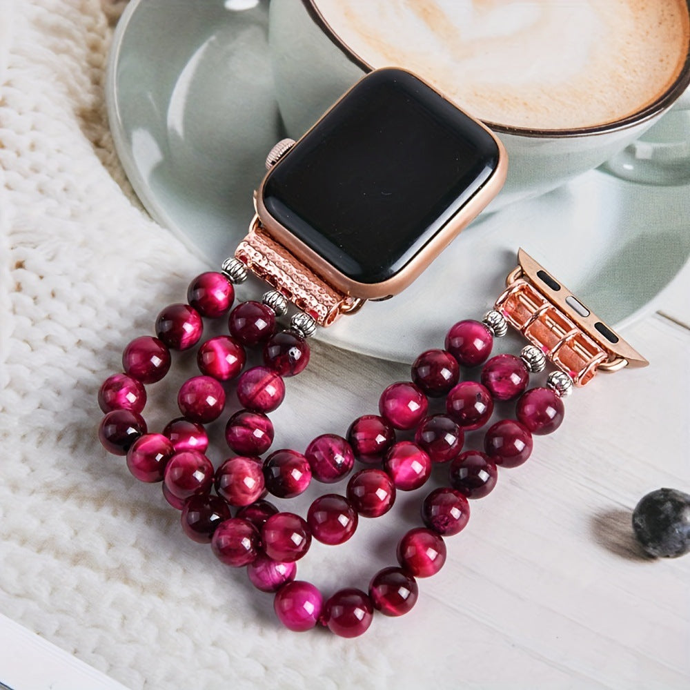 Bracelet Apple Watch perles d'œil-de-tigre rose-rouge — Le Talisman