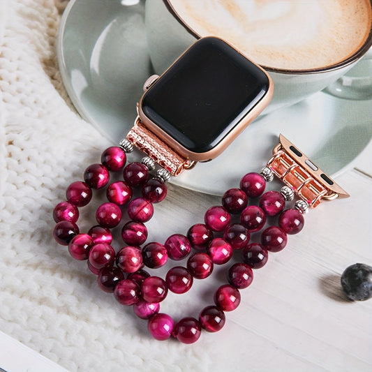 Bracelet Apple Watch perles d'œil-de-tigre rose-rouge — Le Talisman