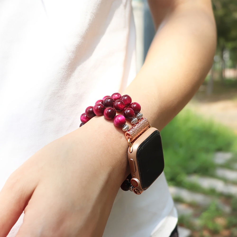 Perles d'œil-de-tigre teinte rose-rouge du bracelet Apple Watch