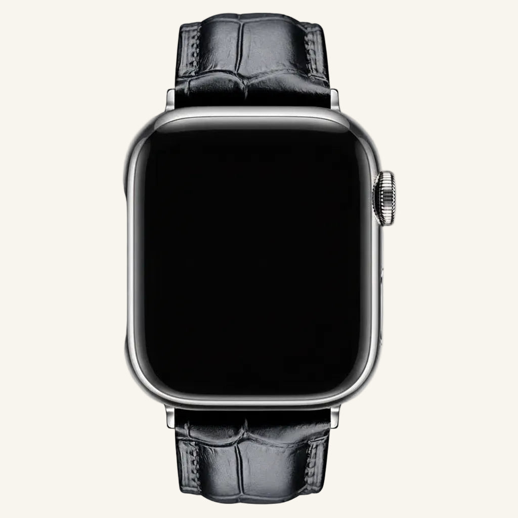 Gros plan sur le grain du cuir véritable du bracelet Apple Watch
