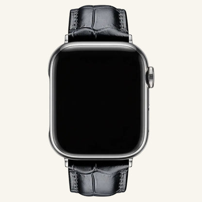 Gros plan sur le grain du cuir véritable du bracelet Apple Watch