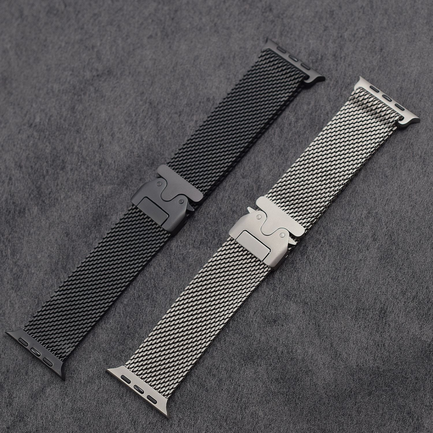 Gros plan sur la maille milanaise titane du bracelet Apple Watch