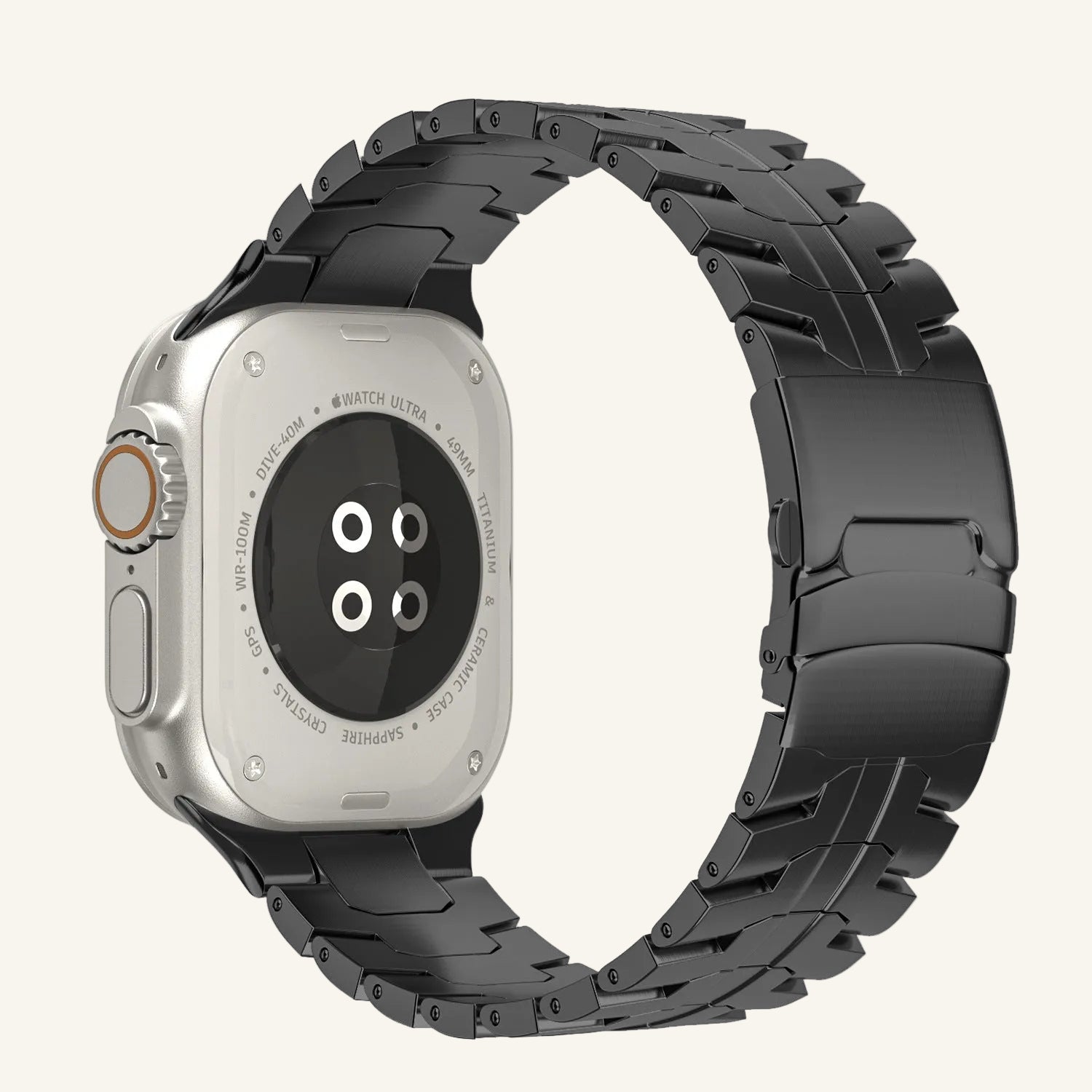 Gros plan sur les maillons métalliques du bracelet Apple Watch Le Colosse